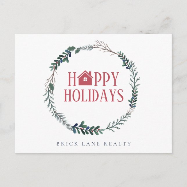 Business Real Estate Happy Holidays Green Wreath Holiday Postcard (Front)