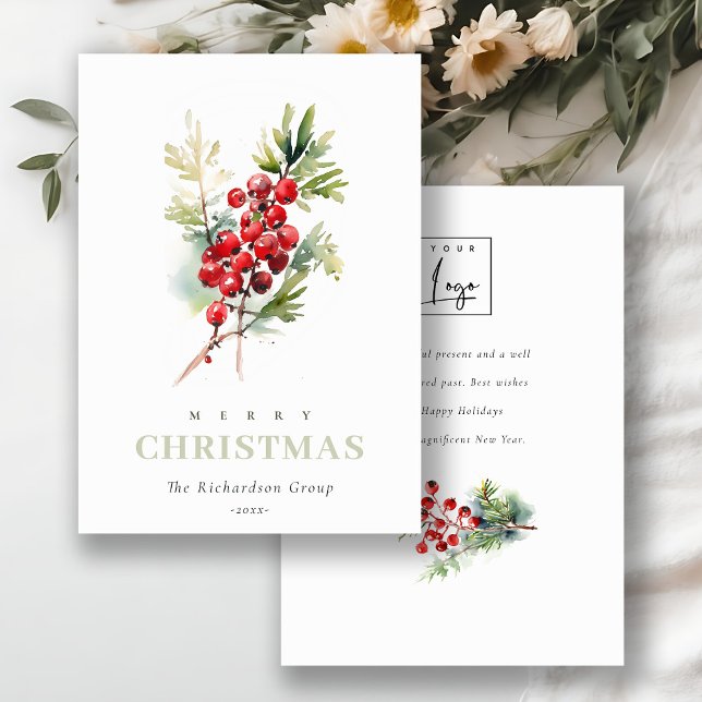 Business Red Berry Fir Christmas Corporate Logo Holiday Card (Creator Uploaded)
