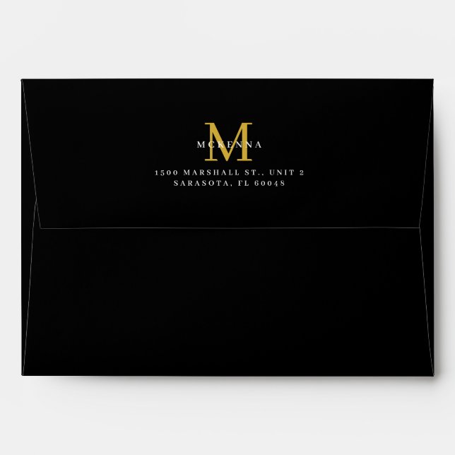 Business Return Envelope Black Gold Monogram (Back (Top Flap))