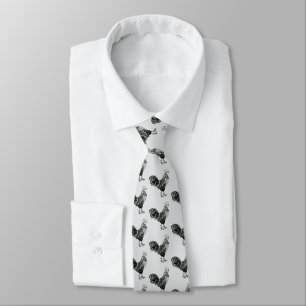 Business Rooster Line Art Black & White Neck Tie