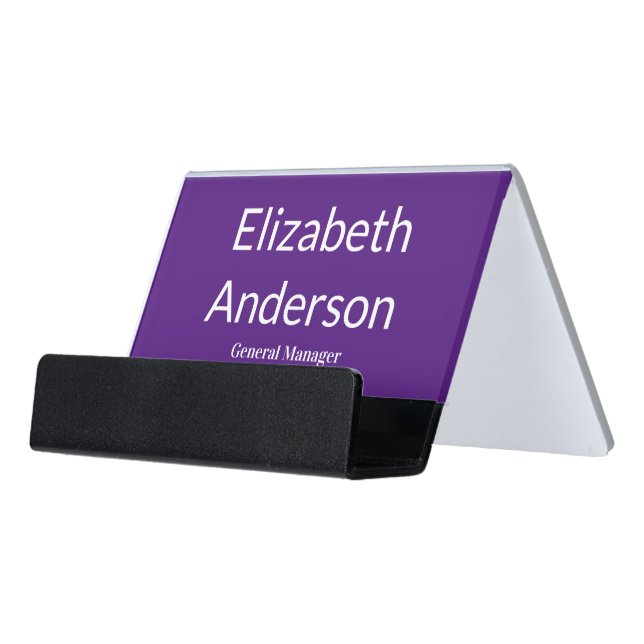 Business Royal Purple and White Name Job Title Desk Business Card Holder (Angled Front)
