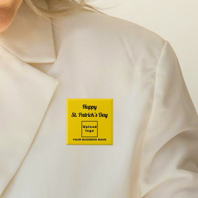 Business Saint Patrick Greeting on Yellow Square Button (Business name and logo with Happy Saint Patrick's Day greeting on yellow square button.)