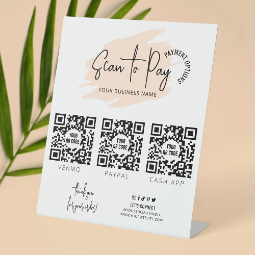 Business Scan To Pay 3 QR Codes Beige Watercolor Pedestal Sign