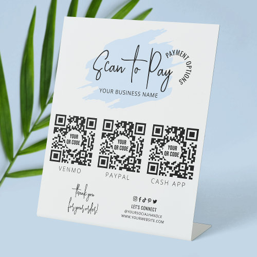 Business Scan To Pay 3 QR Codes Blue Watercolor Pedestal Sign