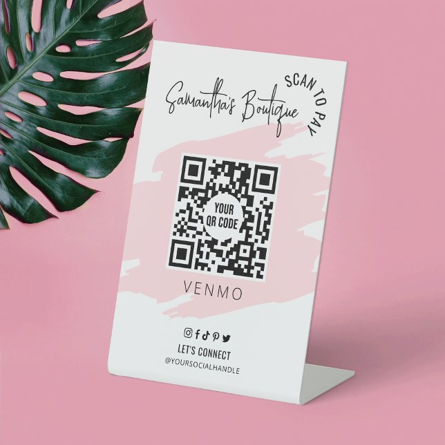 Business Scan To Pay QR Code Feminine Pink  Pedest Pedestal Sign (Make trendy phone payment signs for your business with this pink watercolor QR code sign design)