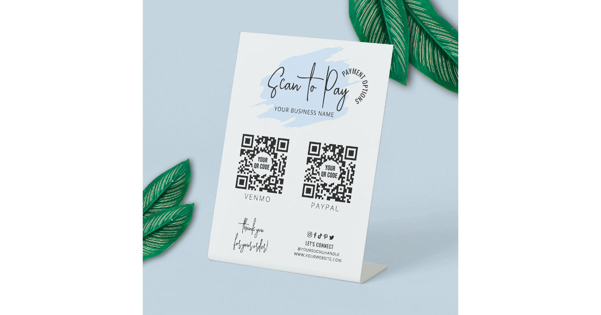 Reception Scanable Collateral Qr Code Business Scannable 2 QR Codes Light Blue Payment Pedestal Sign | Zazzle