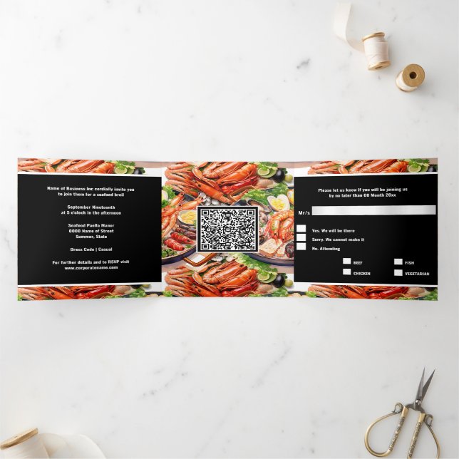 Business seafood year end function paella dish Tri-Fold invitation (Inside)