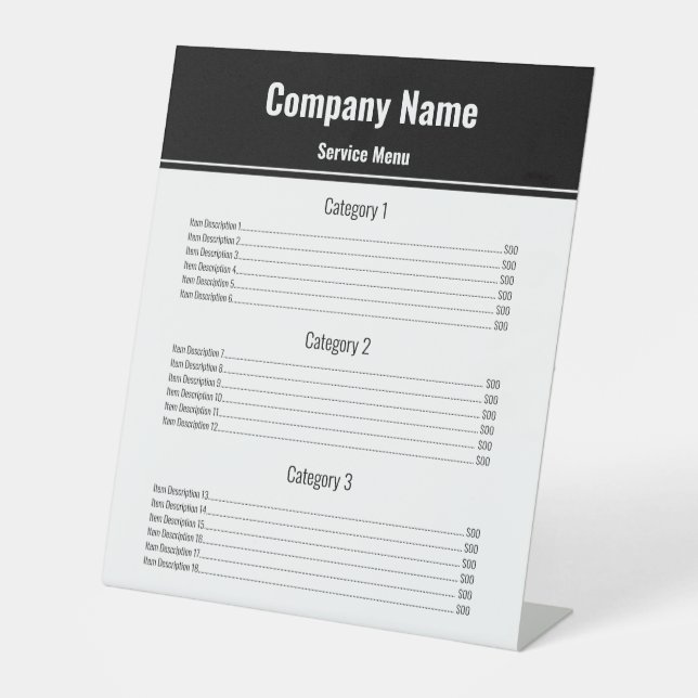 Business Service Menu Black and White Template Pedestal Sign (Front)
