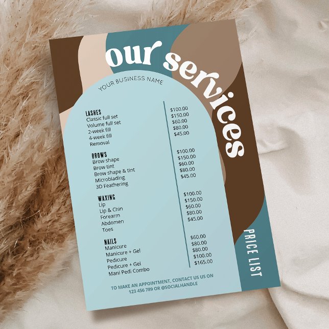 Business Services Price List Trendy Retro Neutrals (Modern retro style business price list with retro fonts, arch background in light blue + beige)