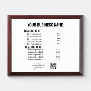 Business services products price list menu card award plaque