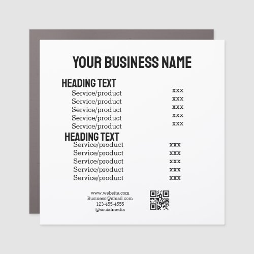 Business services products price list menu card  car magnet