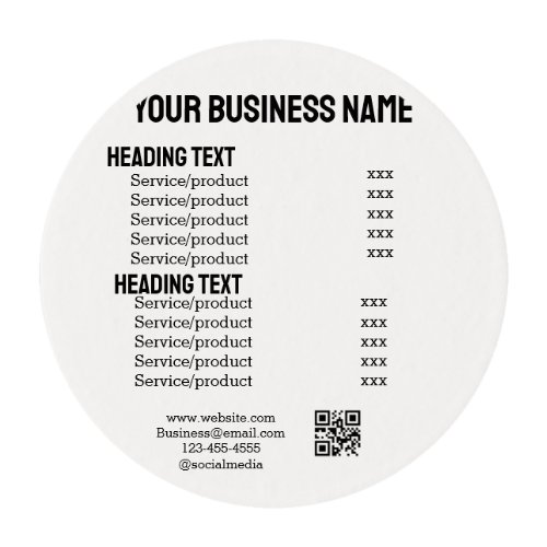 Business services products price list menu card  edible frosting rounds