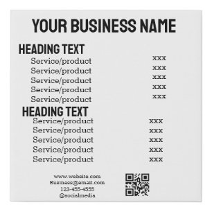 Business services products price list menu card  faux canvas print