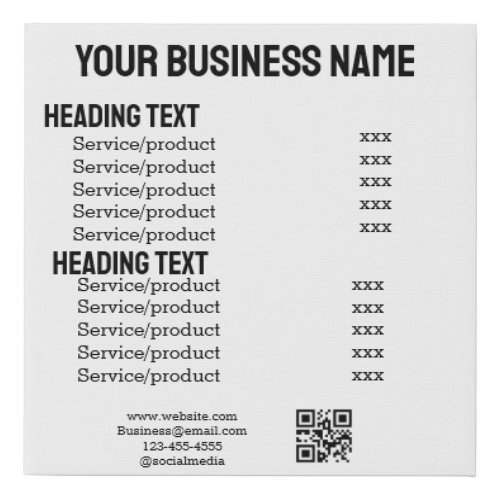 Business services products price list menu card  faux canvas print