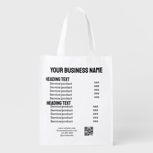 Business services products price list menu card  grocery bag