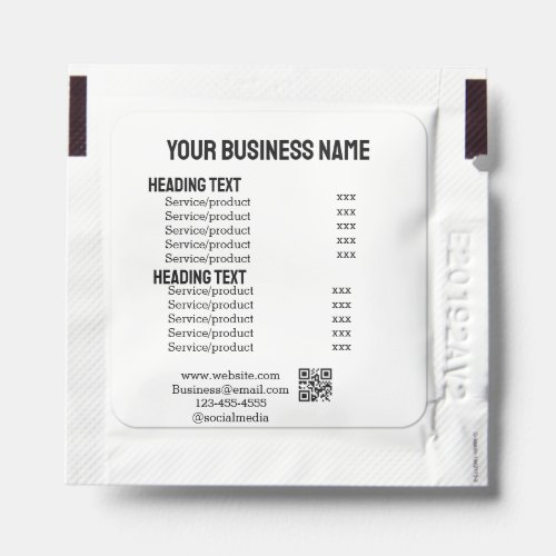 Business services products price list menu card  hand sanitizer packet