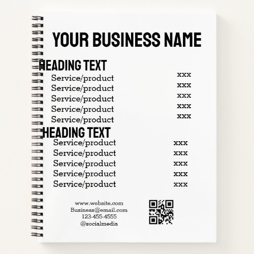 Business services products price list menu card  notebook