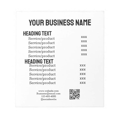 Business services products price list menu card  notepad