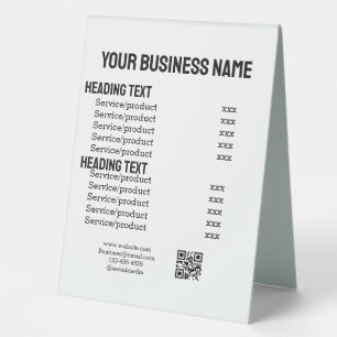 Business services products price list menu card table tent