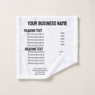 Business services products price list menu card wash cloth