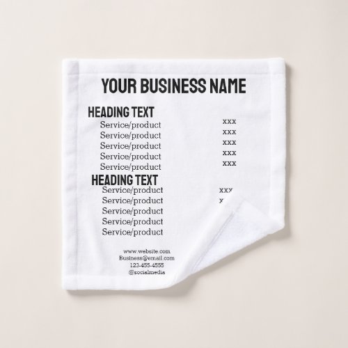 Business services products price list menu card  wash cloth