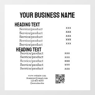 Business services products price list menu card window cling