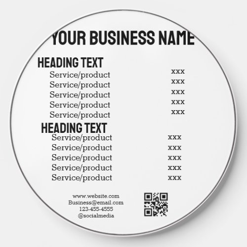 Business services products price list menu card  wireless charger 