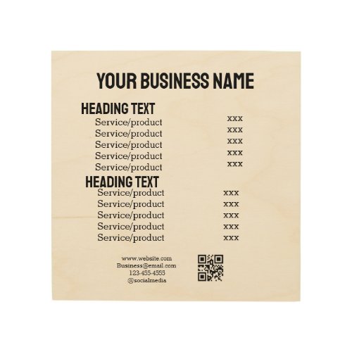 Business services products price list menu card  wood wall art