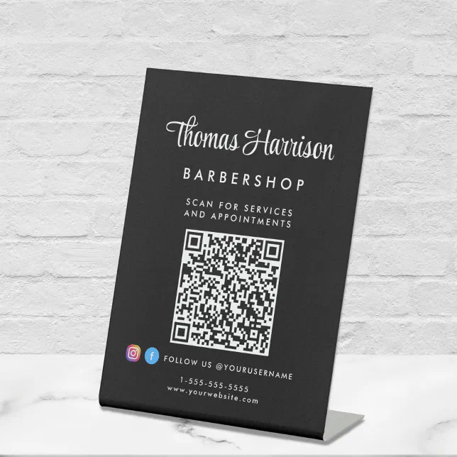 Business Signature Script QR Code Black Pedestal Sign | Zazzle
