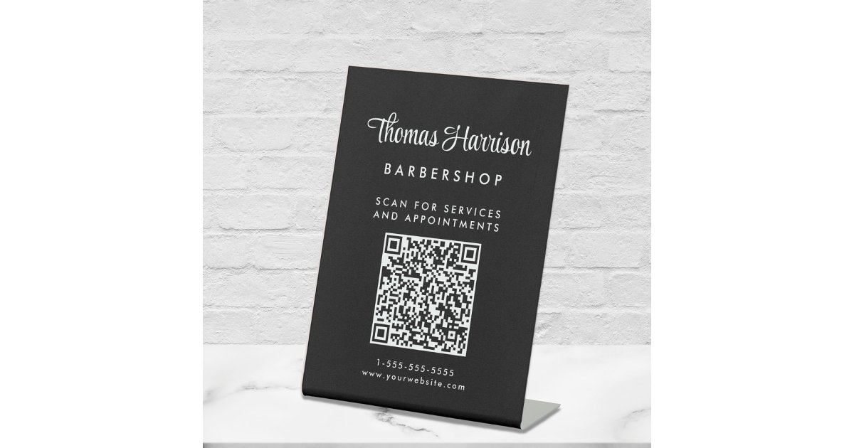 Business Signature Script QR Code Black Tabletop Pedestal Sign | Zazzle