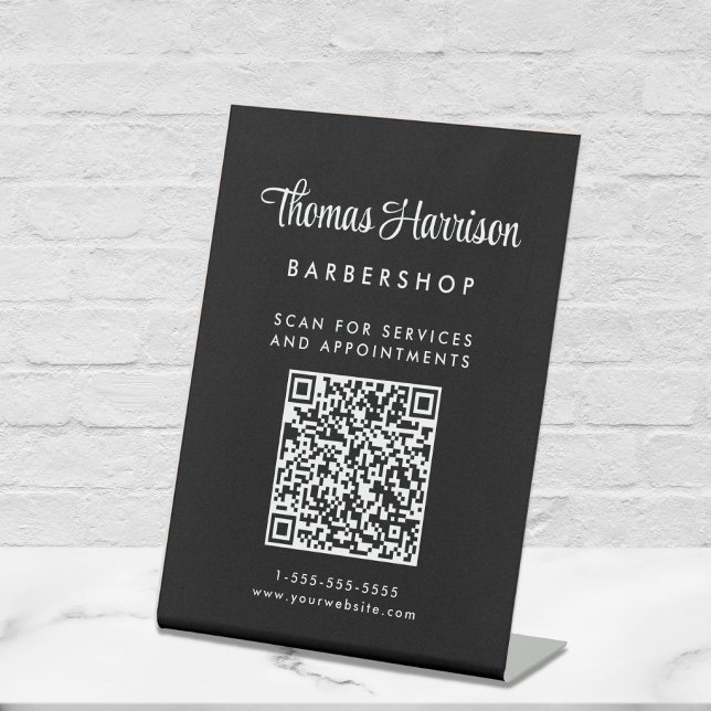 Business Signature Script QR Code Black Tabletop Pedestal Sign (Empower your name in our signature script as your logo and brand identity)