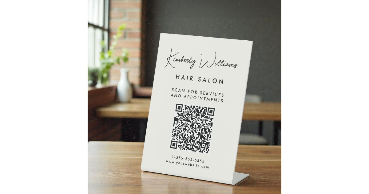 Answer Booklet Script Qr Code Photo Business Signature Script QR Code Cream Pedestal Sign | Zazzle