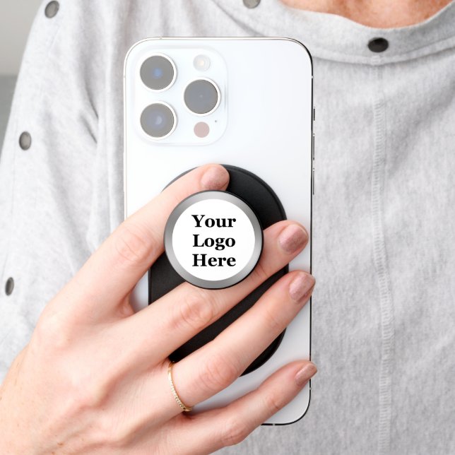 Business Silver and White Your Logo Here Template PopSocket (Hand)