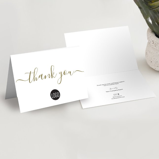 Business Simple Elegant Gold custom logo Thank You Card (Custom gold black simple business thank you folded card.)