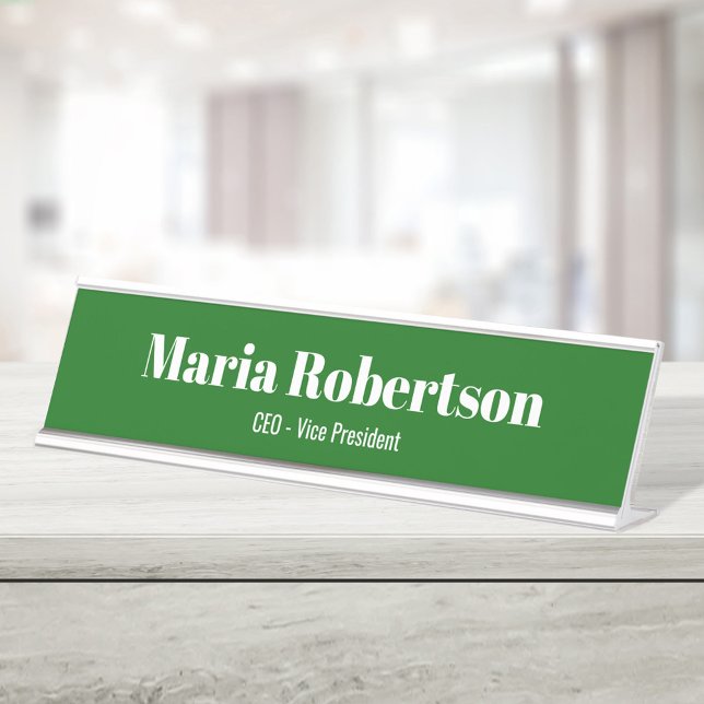 Business Simple Minimalist Green Desk Name Plate (Green and white custom name plate. )
