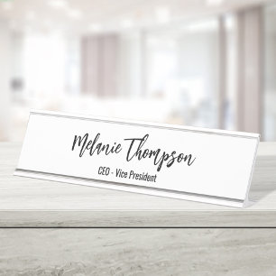 Business Simple Script Black and White Custom Desk Name Plate