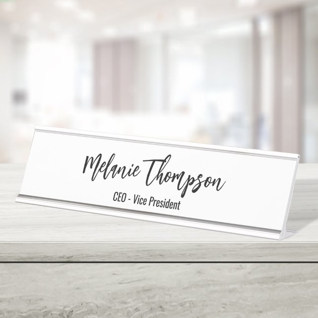Business Simple Script Black and White Custom Desk Name Plate (Simple script name plate with name and title.)