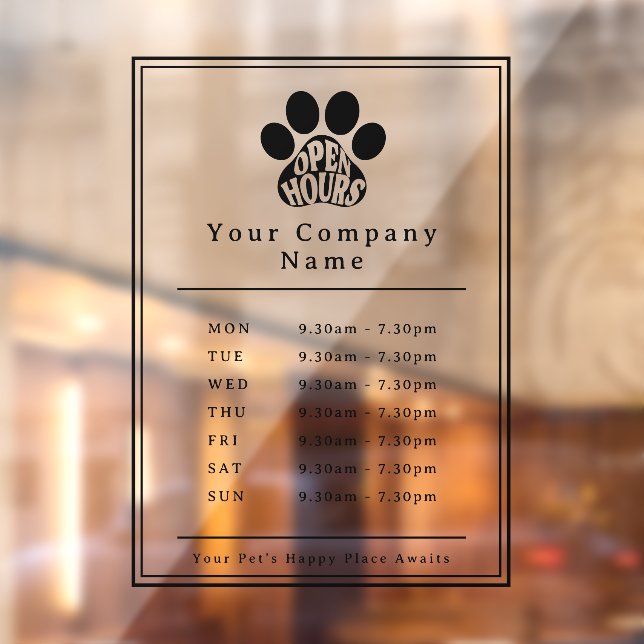 Business Storefront Open Hours Black Paw Print Window Cling (Sheet 2)