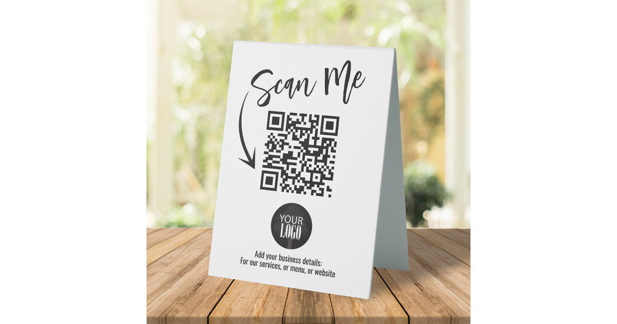 Business Tabletop QR Code Modern Logo Scan Me Table Tent Sign | Zazzle