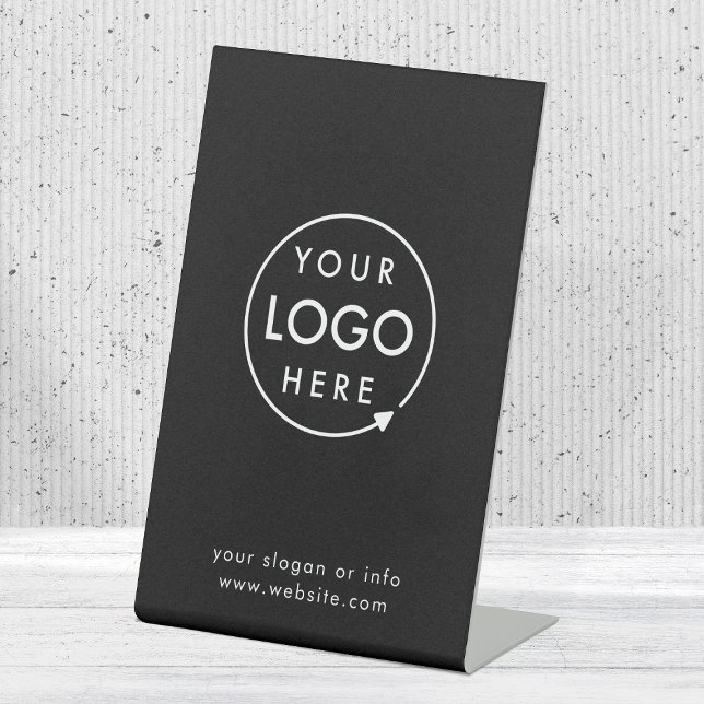 Business Tabletop Sign | Black Logo Pedestal Sign (Sleek black company branded professional tabletop signs for small business promotion.)