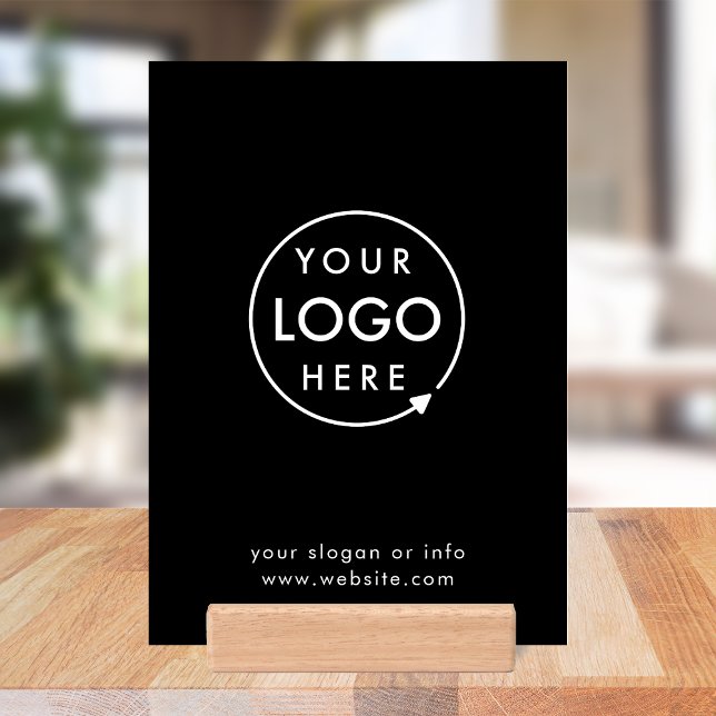  Business Tabletop Sign | Branded Wood Block Stand (Sleek black company branded professional tabletop signs for small business promotion.)
