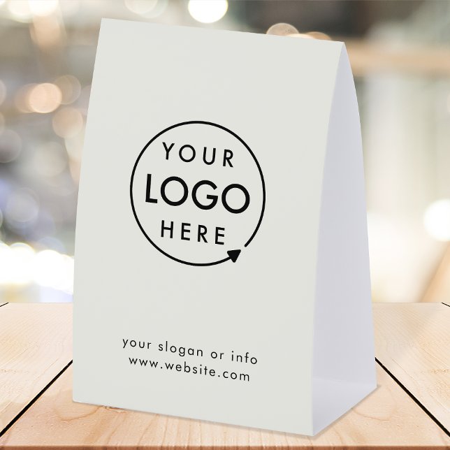 Business Tabletop Sign | Gray Logo Pedestal Sign (Company branded professional paper table tent signs for small business promotion.)
