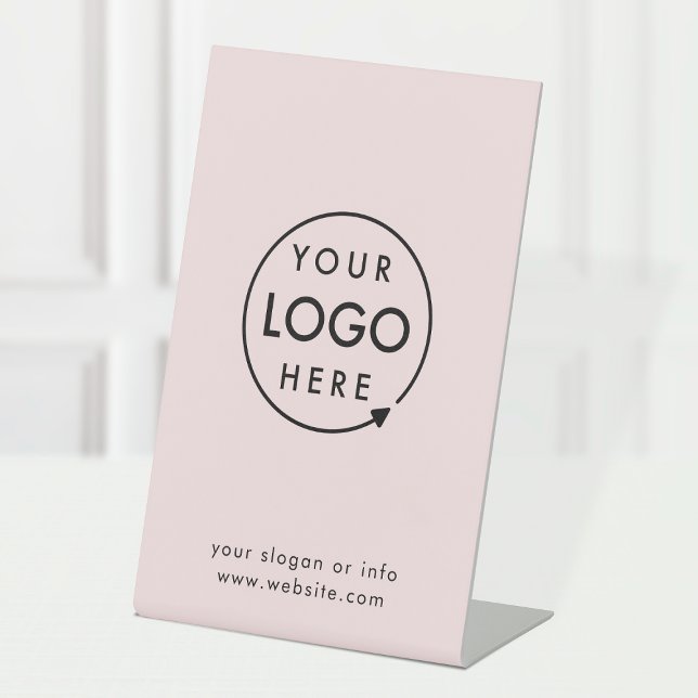 Business Tabletop Sign | Pink Logo Pedestal Sign (Blush pink company branded feminine tabletop signs for small business promotion & marketing.)