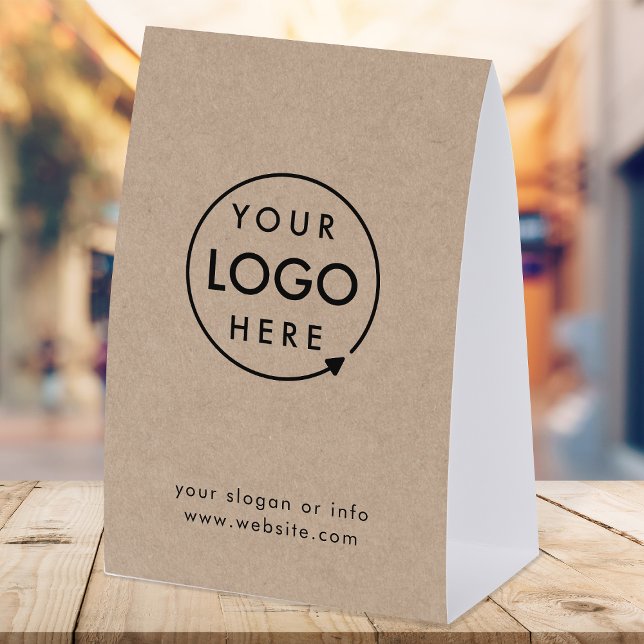 Business Tabletop Sign | Rustic Kraft Pedestal (Rustic Kraft company branded professional paper table tent signs for small business promotion.)
