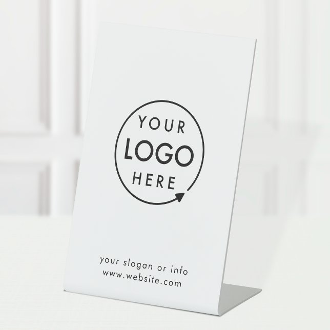 Business Tabletop Sign | White Logo Pedestal Sign (Company branded professional  tabletop signs for small business promotion & marketing.)