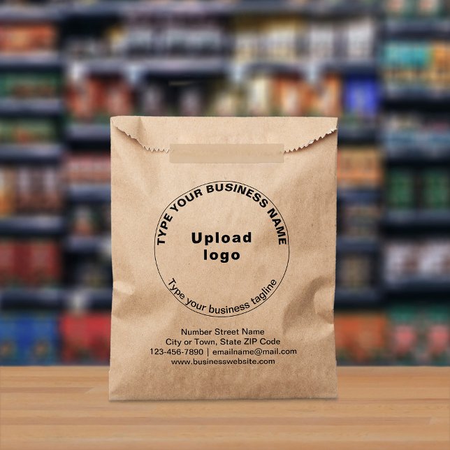 Business Tagline on Brown Paper Bag (Brown paper bag with business tagline and brand in round shape displayed in a store)
