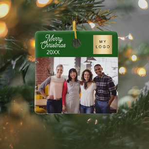 Business team photo logo green Christmas Ceramic Ornament