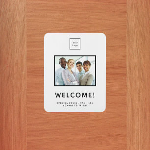 Business team photo white black welcome door sign