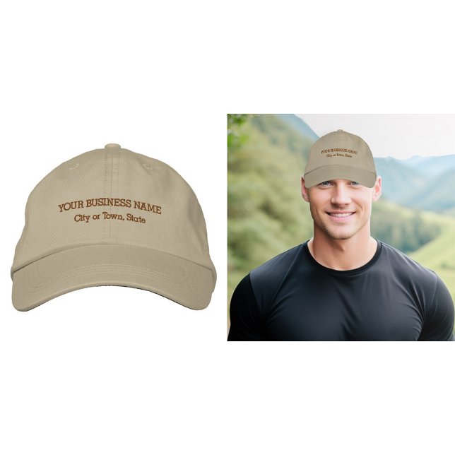 Business Text Embroidered on Khaki Cap (Business name and location embroidered on khaki cap)
