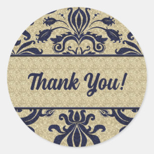 Business Thank You Blue and Taupe Damask Classic Round Sticker